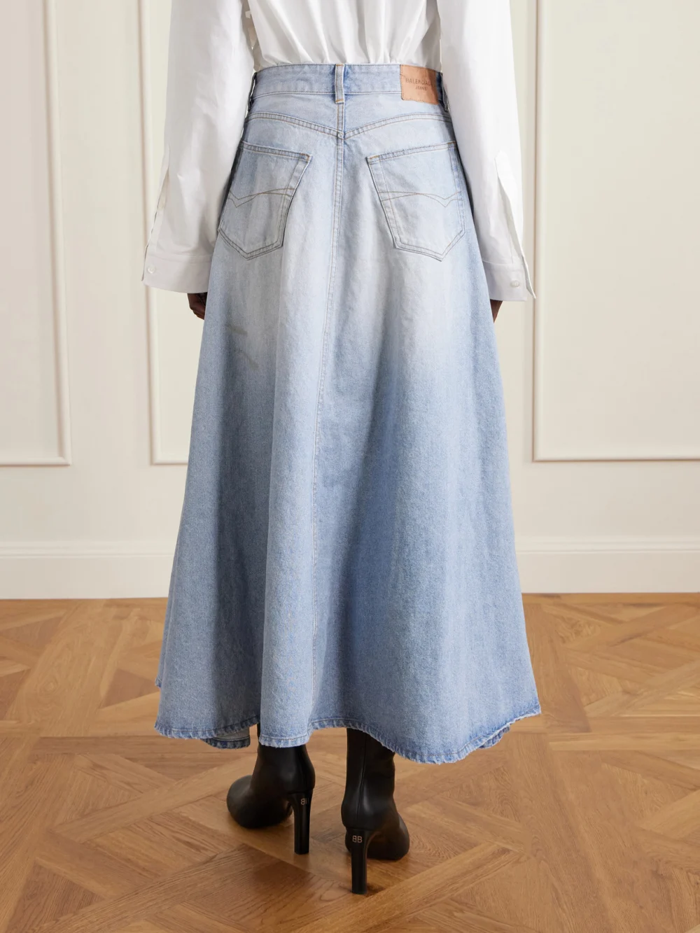 Back view of the Balenciaga Godet Paneled Denim Maxi Skirt