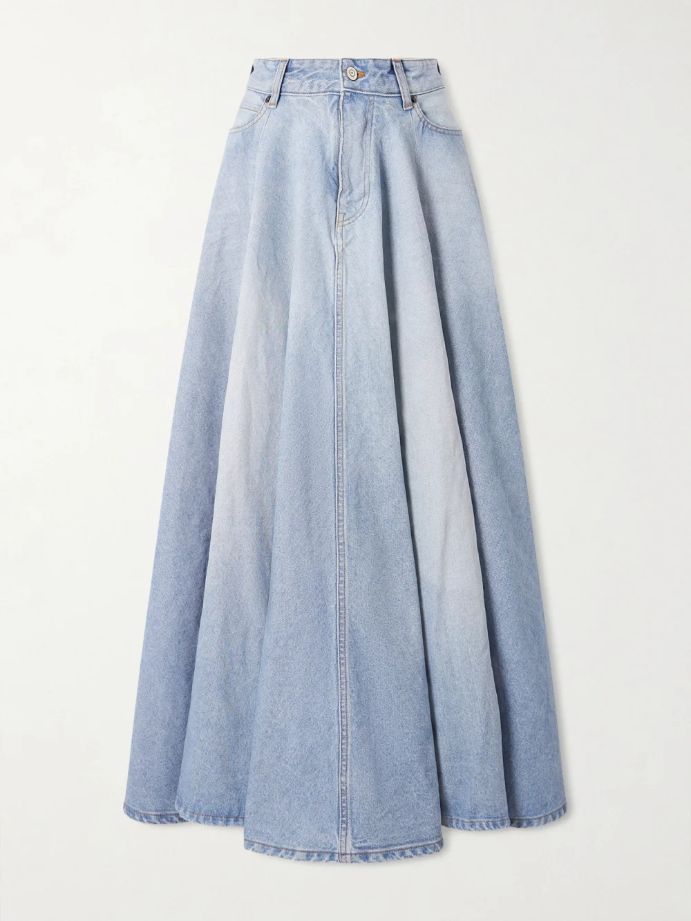 Balenciaga Godet Paneled Denim Maxi Skirt in light denim