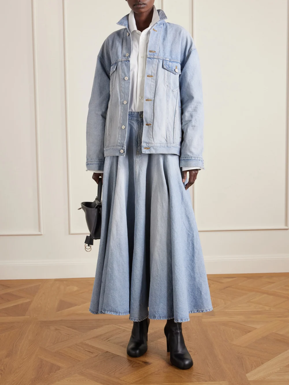Balenciaga Godet Paneled Denim Maxi Skirt, worn by a model