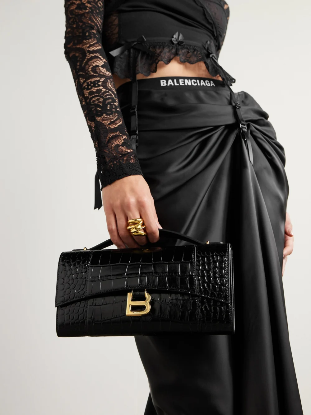 Balenciaga Hourglass Croc-effect Patent-leather Shoulder Bag, styled view