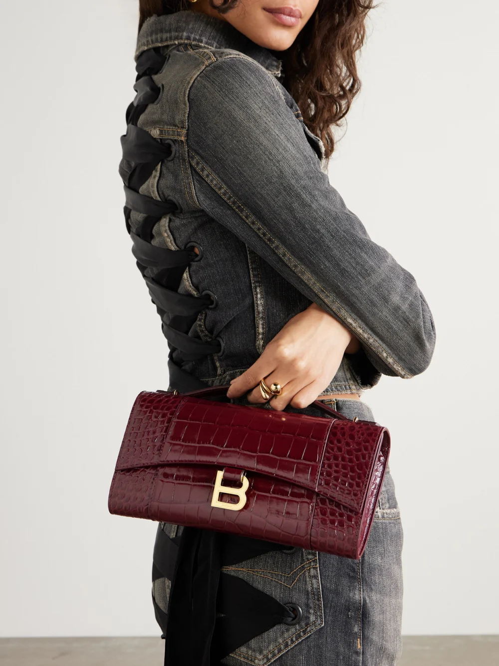 Balenciaga Hourglass Croc-effect Patent-leather Shoulder Bag, styled view