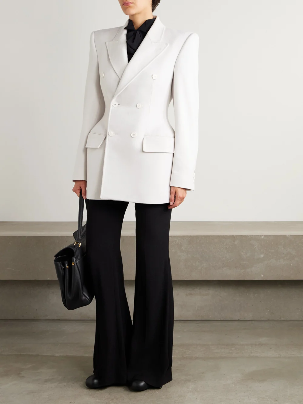 Balenciaga Hourglass Double-breasted Cashmere Blazer, worn by a model