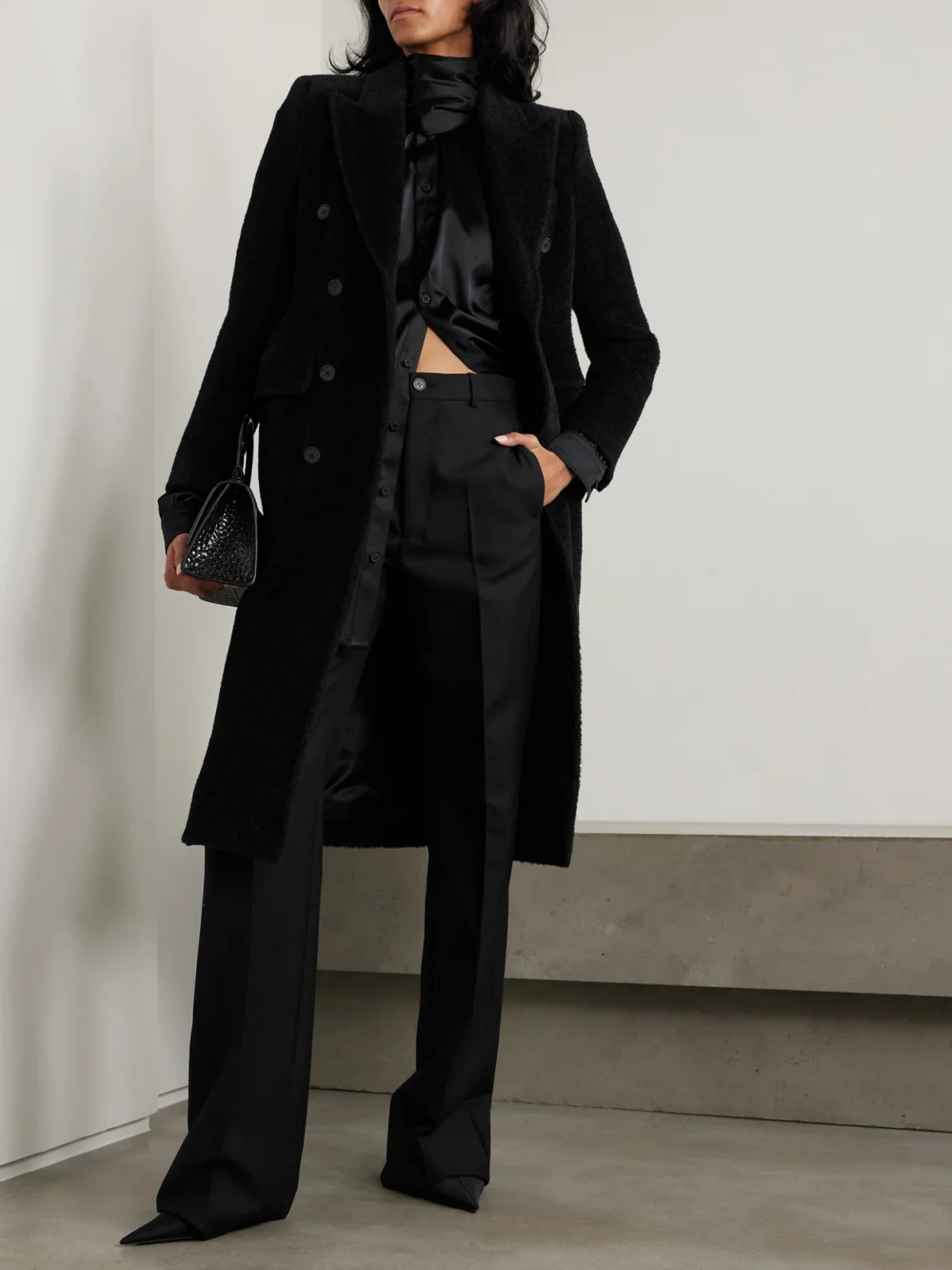 Balenciaga Hourglass Double-breasted Wool-blend Twill Coat, worn by a model