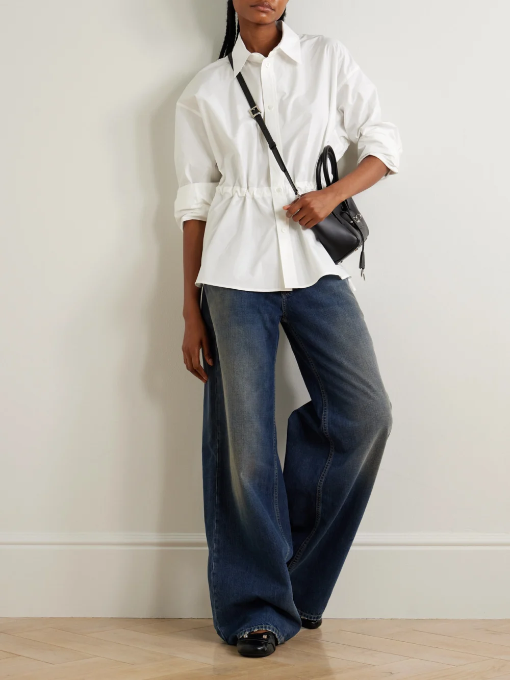 Balenciaga Hourglass Gathered Cotton-poplin Shirt, worn by a model