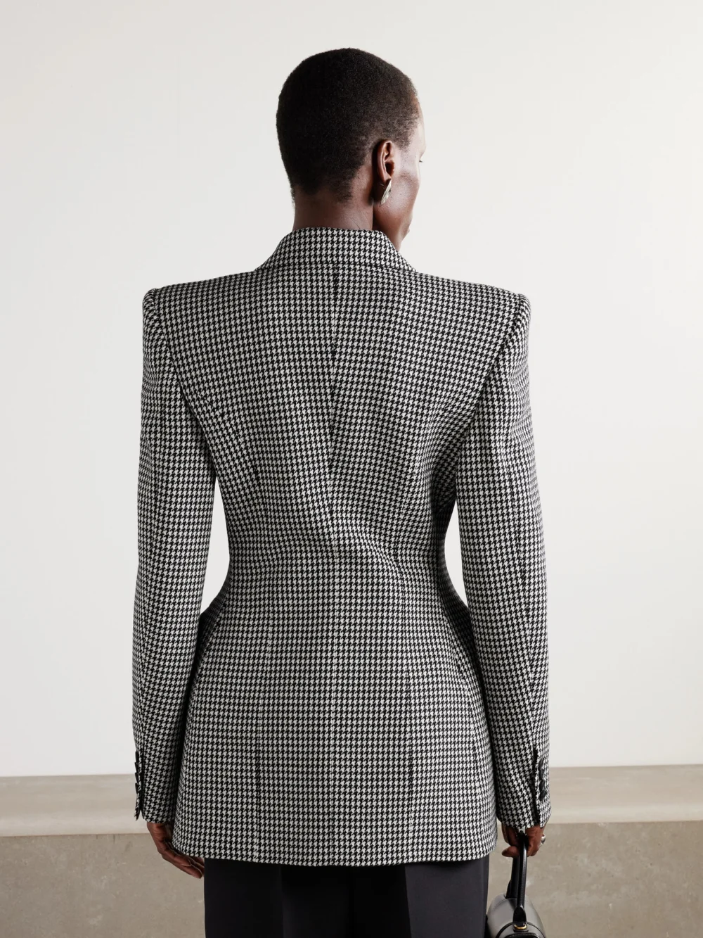 Back view of the Balenciaga Hourglass Houndstooth Double-breasted Wool Blazer