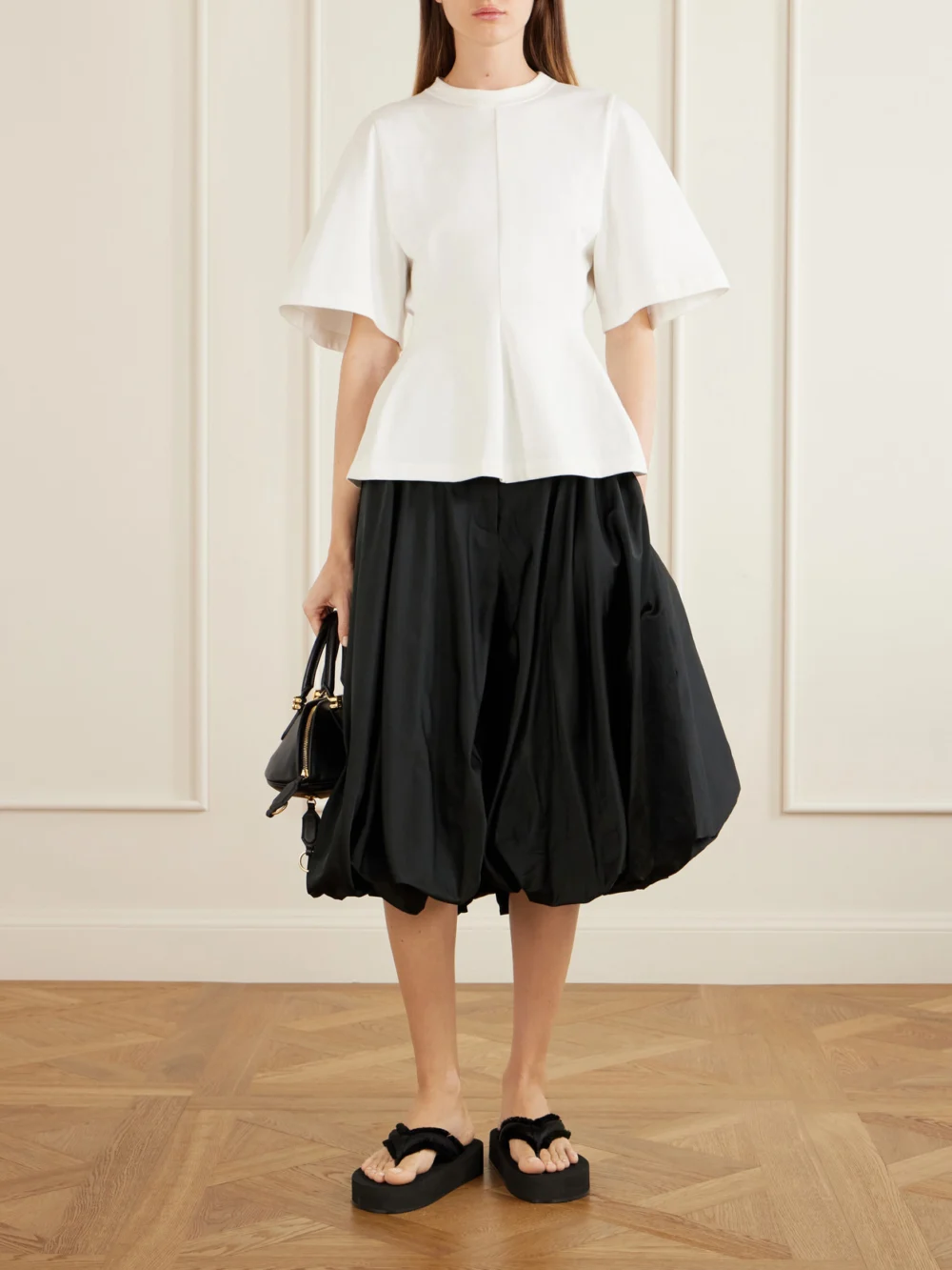 Balenciaga Jet Lag Frayed Satin Thong Sandals, styled view