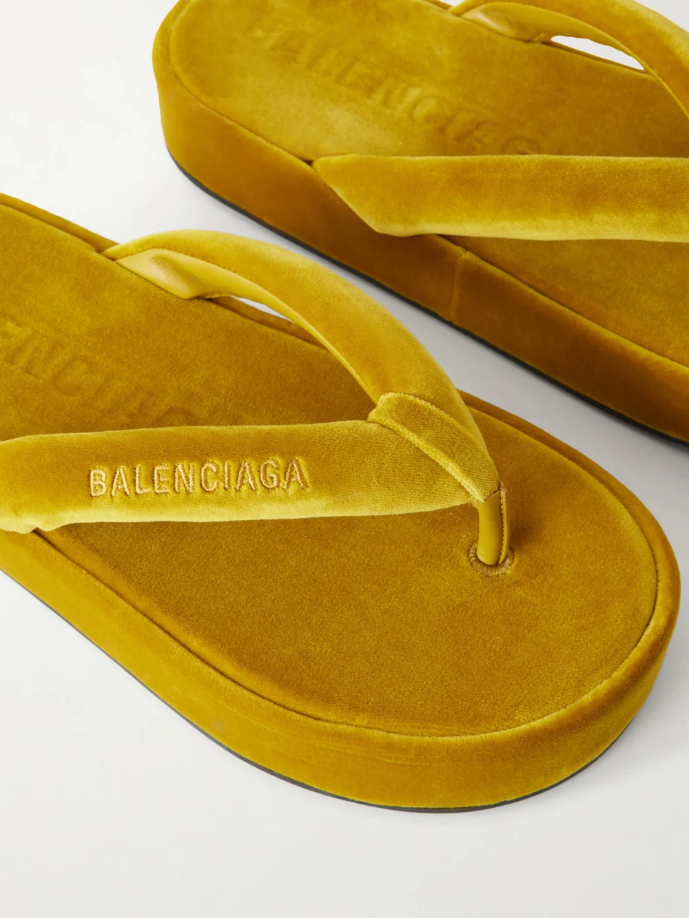 Close-up detail of the Balenciaga Jet Lag Thong Velvet Sandals