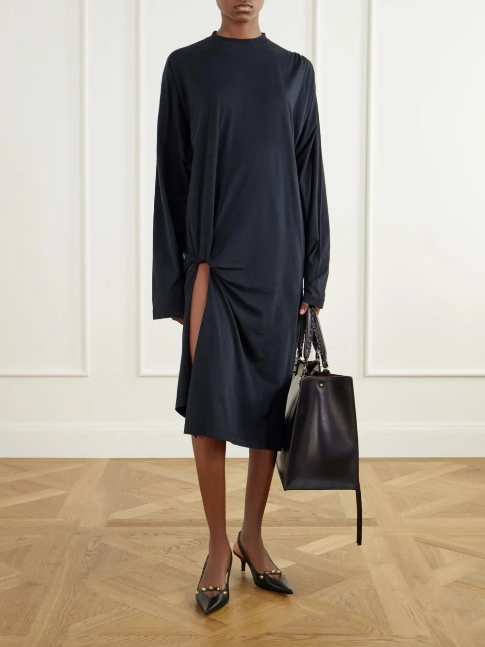 Balenciaga Knotted Draped Cotton-jersey Midi Dress, worn by a model