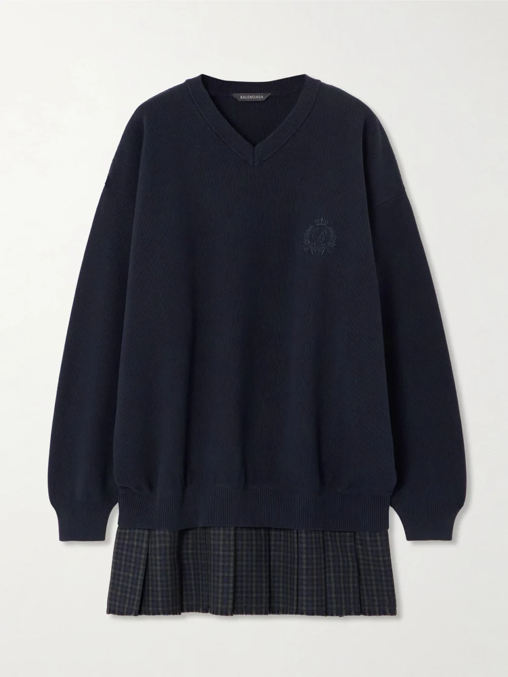 Balenciaga Layered Wool-trimmed Embroidered Cotton Mini Dress in navy