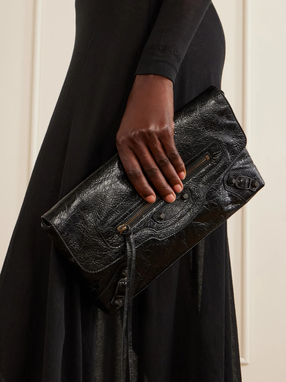 Balenciaga Le City Crinkled-leather Clutch, styled view
