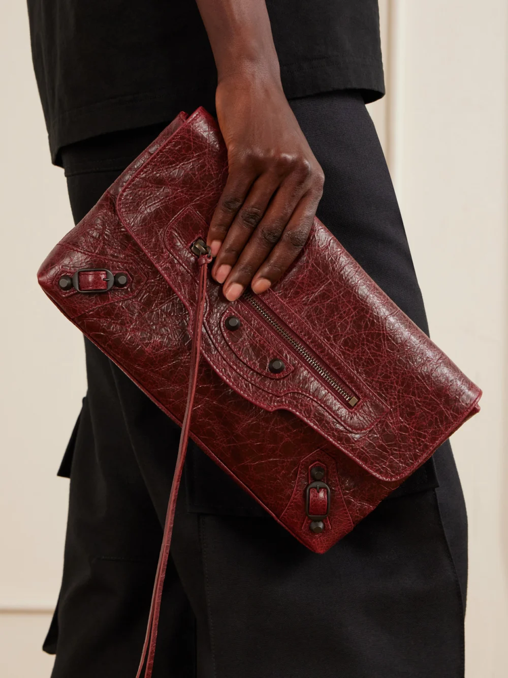 Balenciaga Le City Crinkled-leather Clutch, styled view