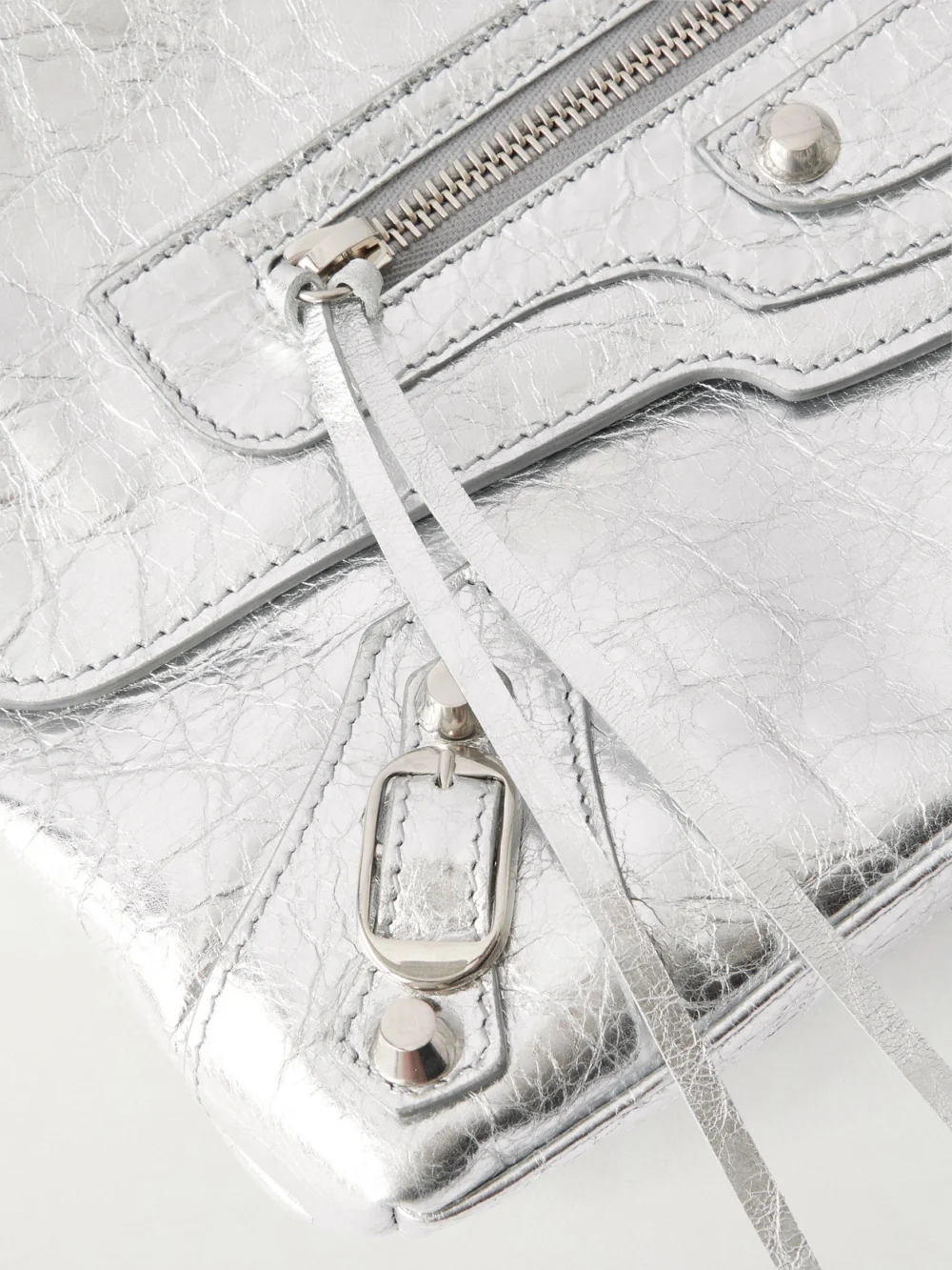 Close-up detail of the Balenciaga Le City Crinkled-leather Clutch