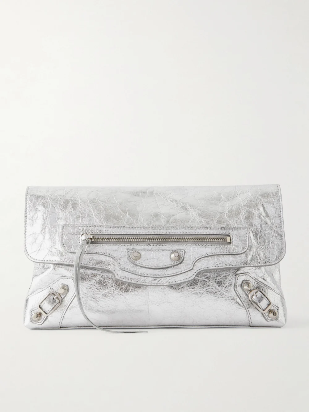 Balenciaga Le City Crinkled-leather Clutch in silver