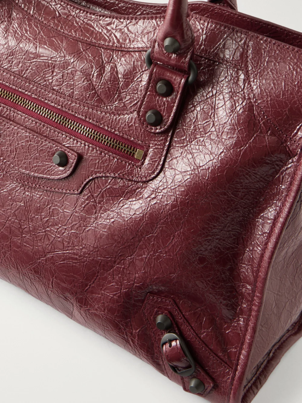Close-up detail of the Balenciaga Le City Crinkled-leather Shoulder Bag