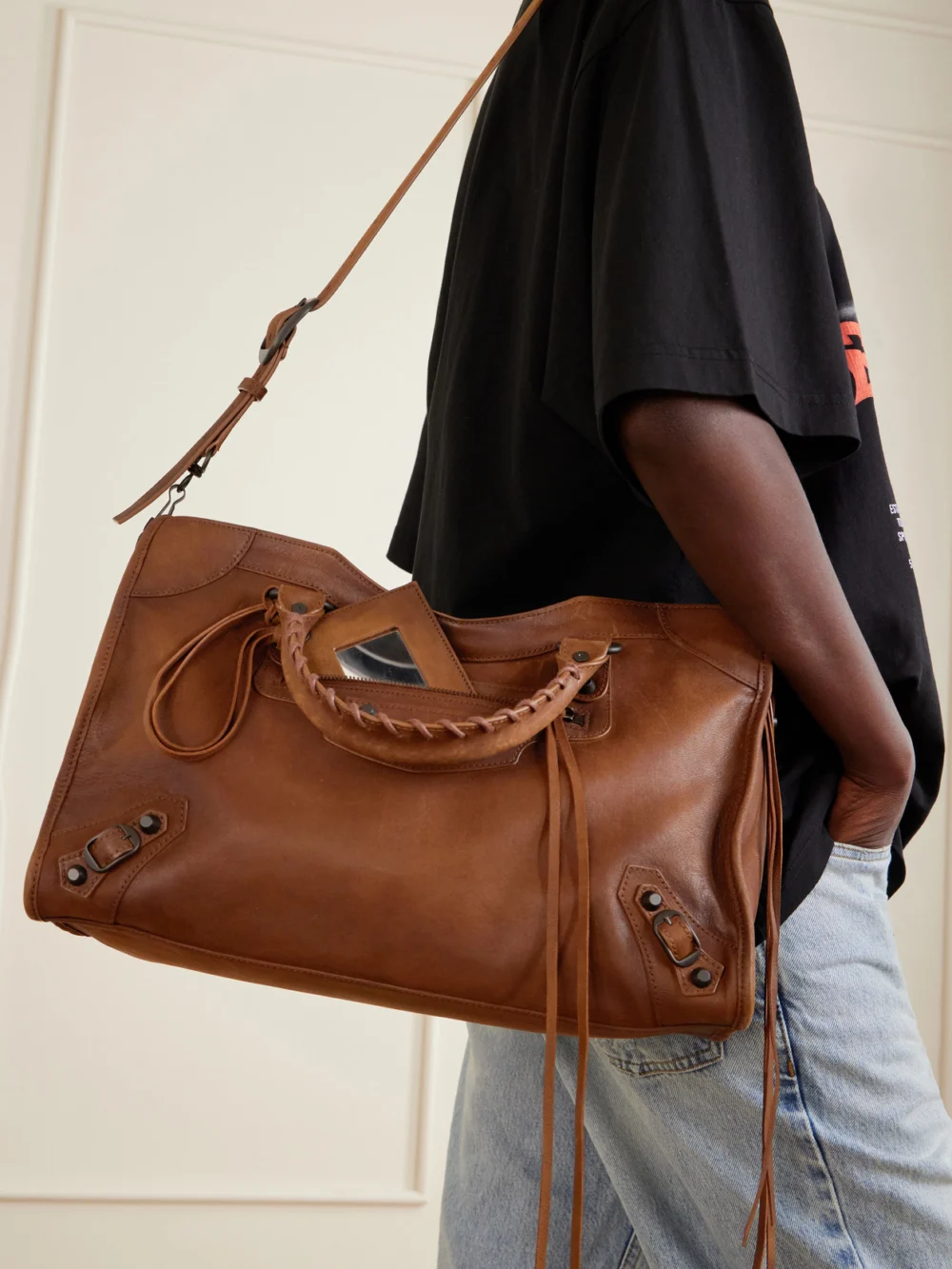 Balenciaga Le City Crinkled-leather Shoulder Bag, styled view