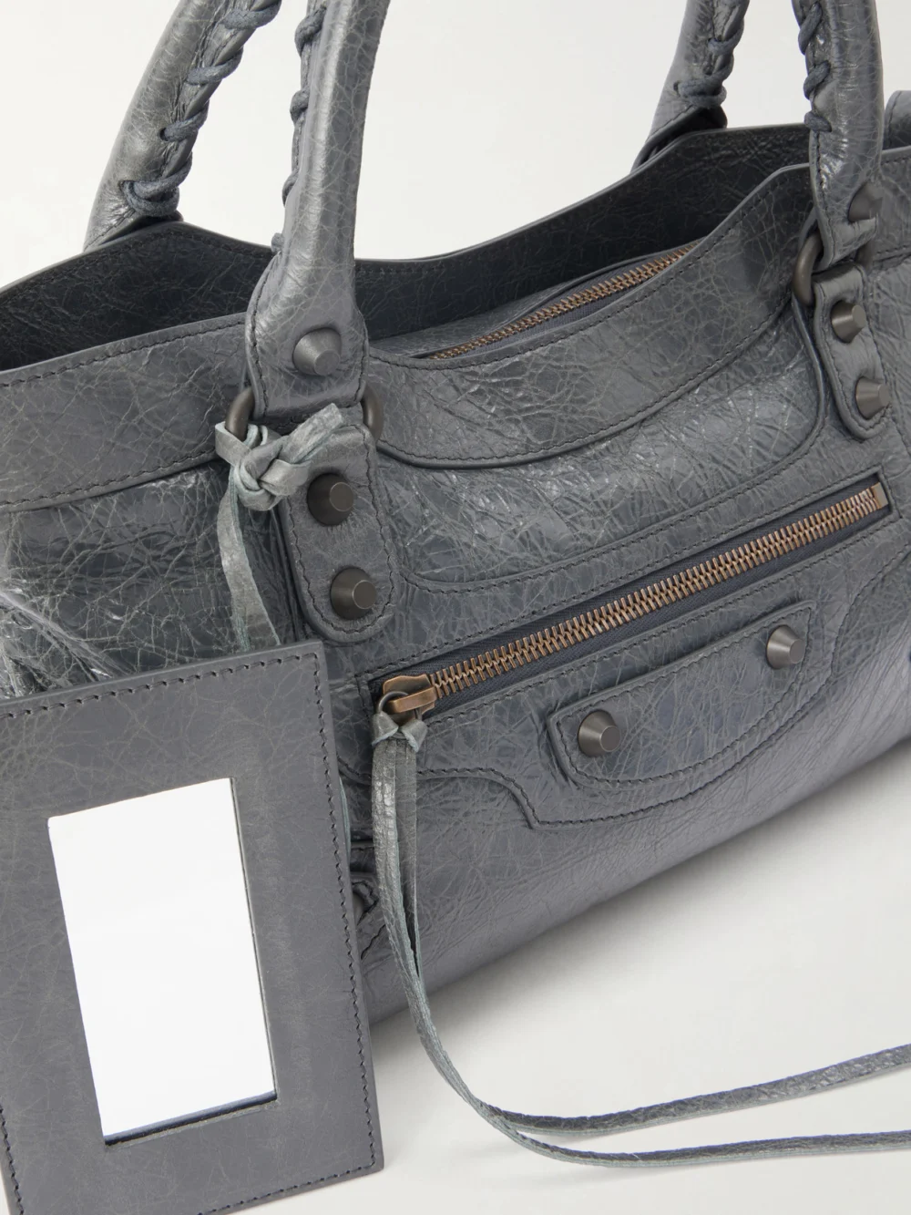 Close-up detail of the Balenciaga Le City Crinkled-leather Shoulder Bag