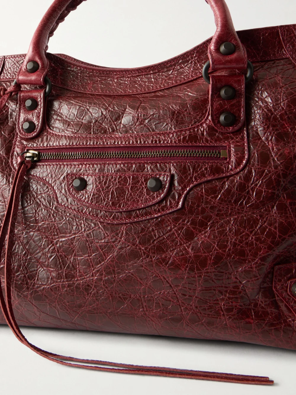 Close-up detail of the Balenciaga Le City Crinkled-leather Shoulder Bag