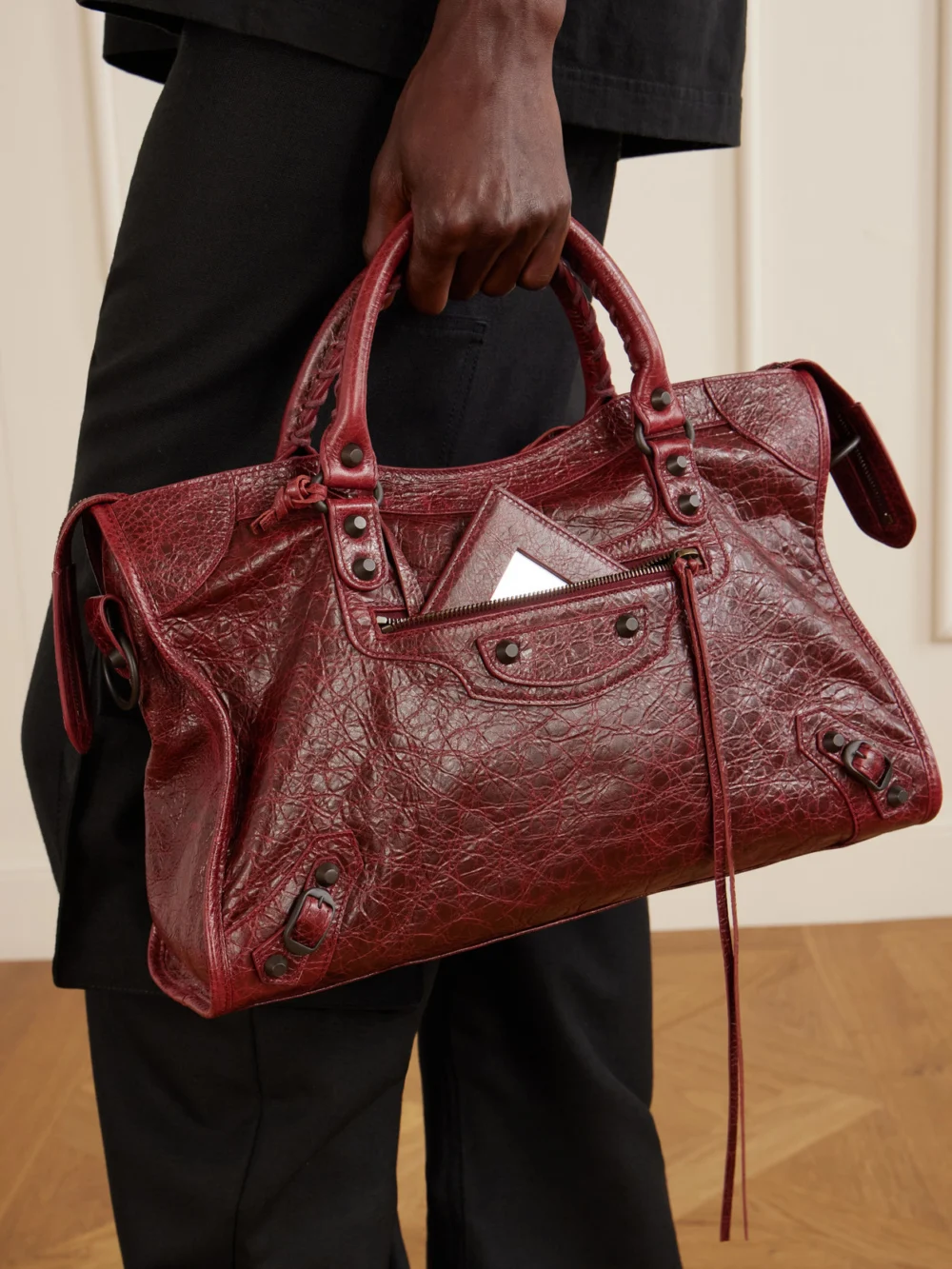Balenciaga Le City Crinkled-leather Shoulder Bag, styled view