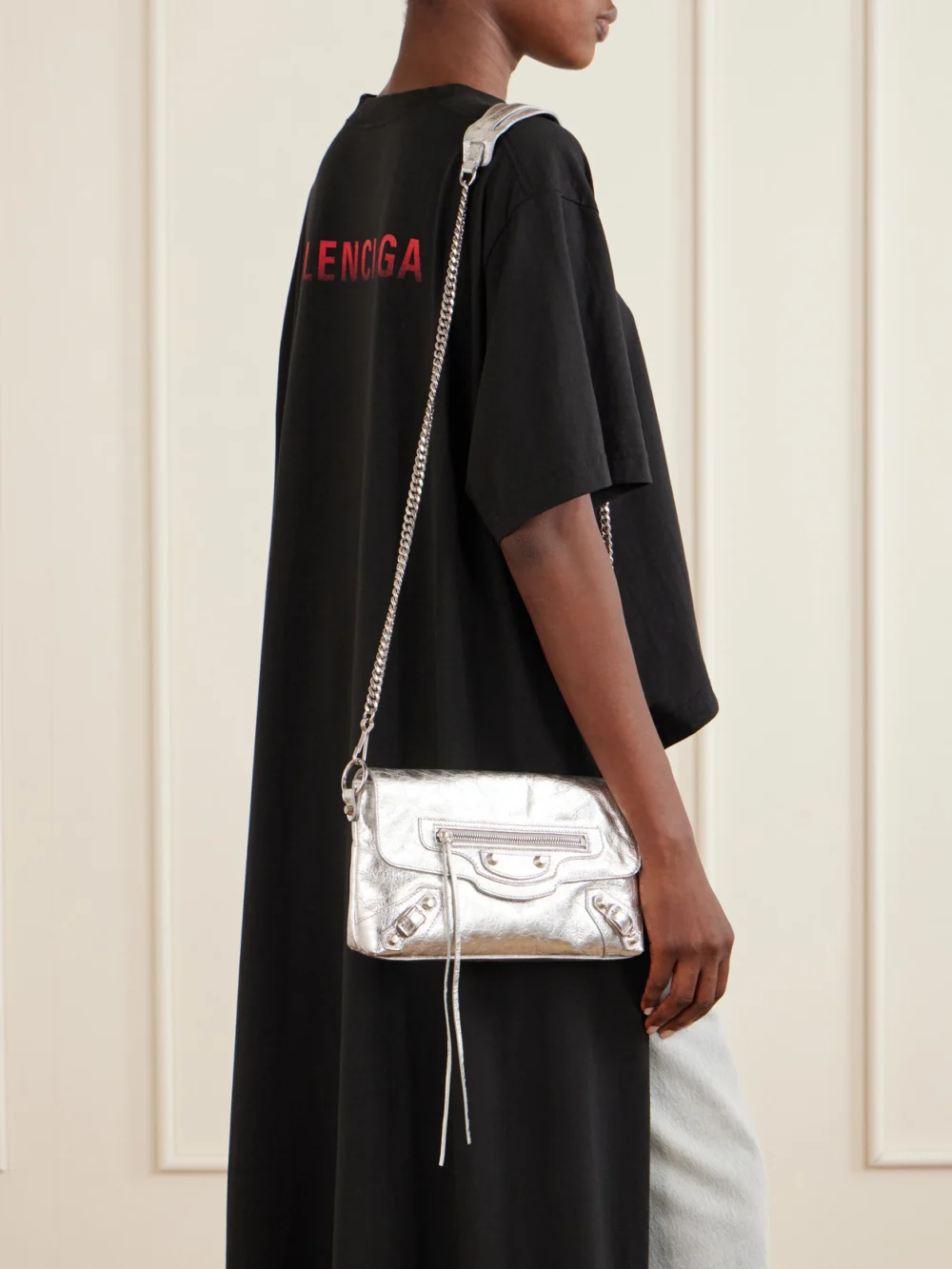 Balenciaga Le City Crinkled-leather Shoulder Bag, styled view