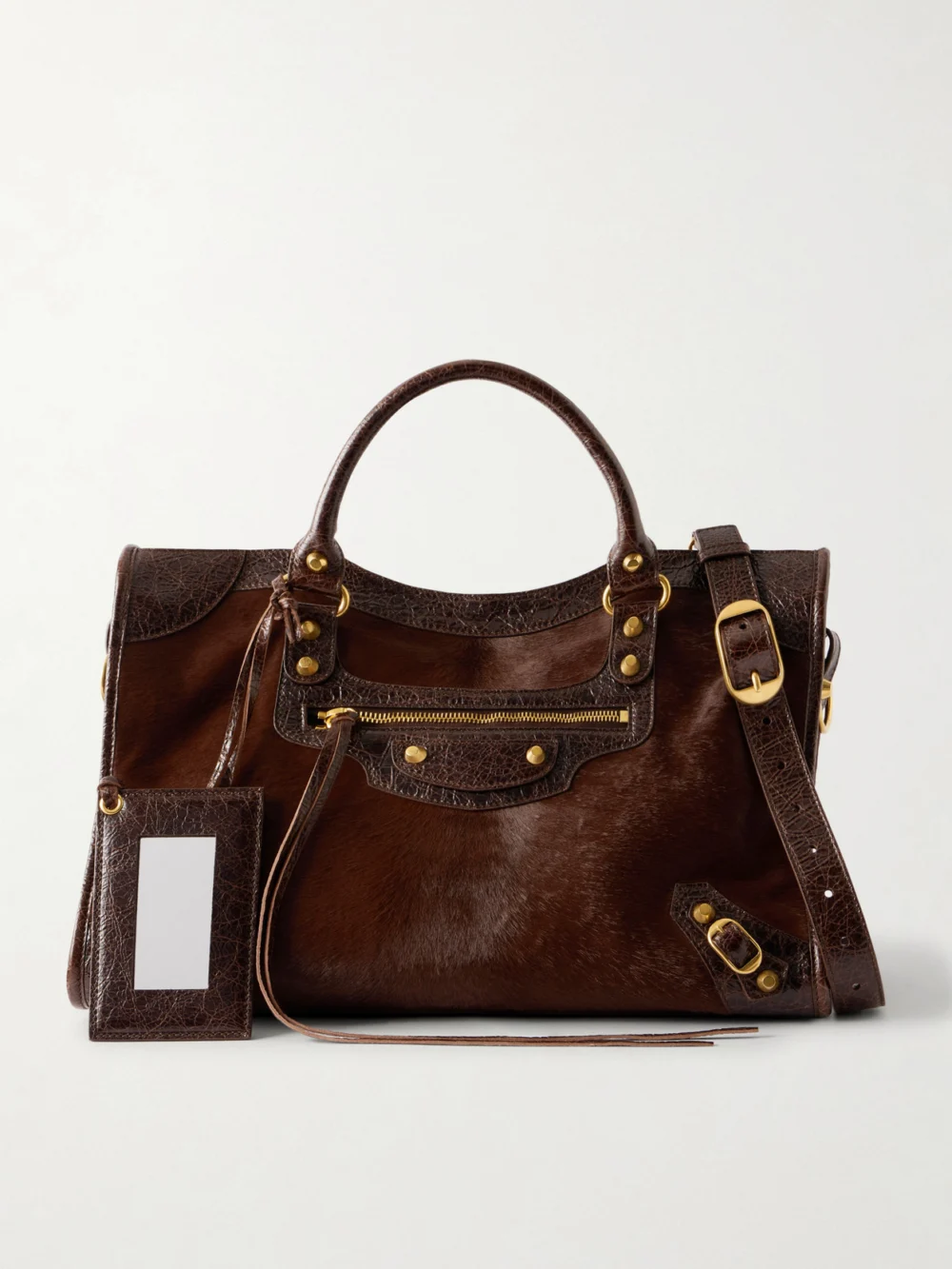 Balenciaga Le City Crinkled Leather-trimmed Pony Hair Shoulder Bag in brown