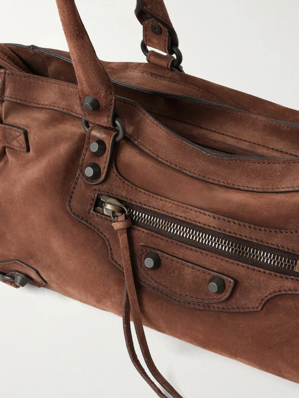Close-up detail of the Balenciaga Le City East/west Suede Shoulder Bag