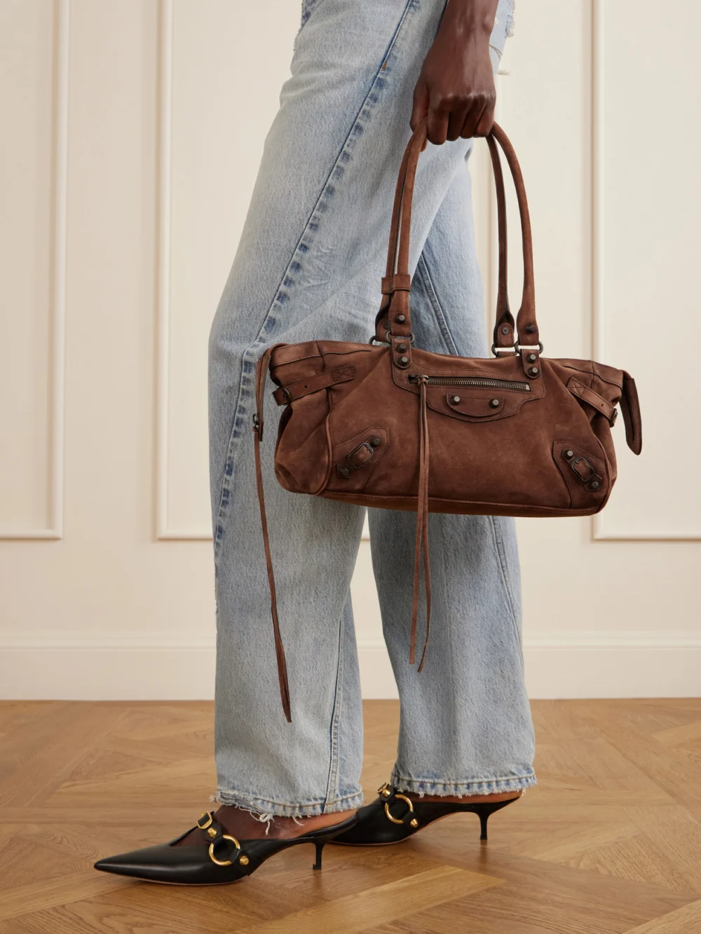 Balenciaga Le City East/west Suede Shoulder Bag, styled view