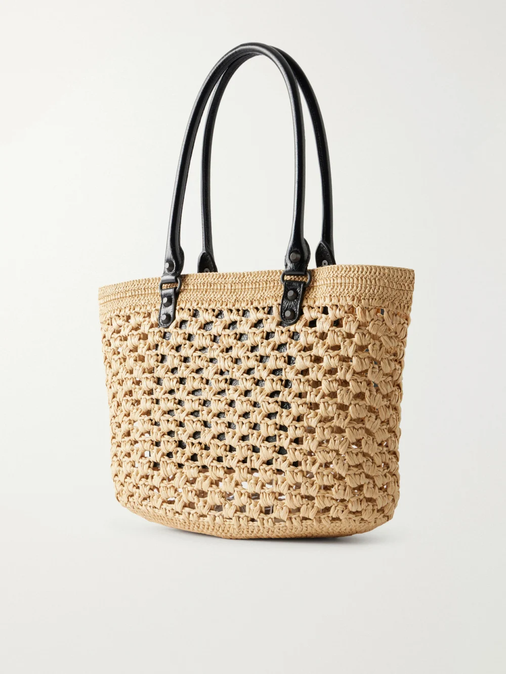 Back view of the Balenciaga Le City Leather-trimmed Raffia Shoulder Bag