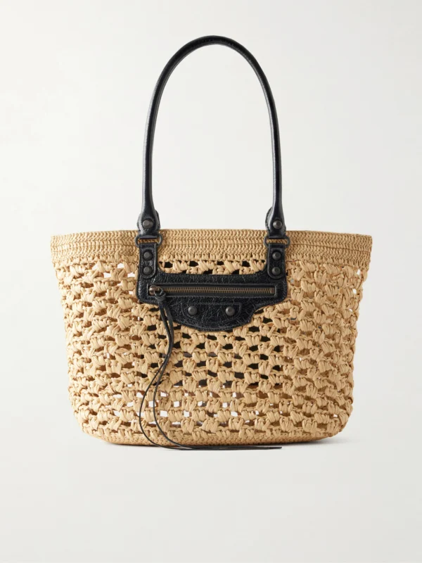 Balenciaga Le City Leather-trimmed Raffia Shoulder Bag