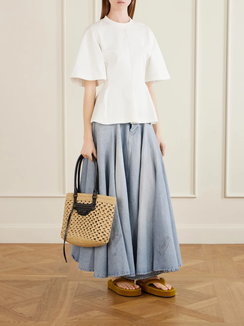 Balenciaga Le City Leather-trimmed Raffia Shoulder Bag, styled view