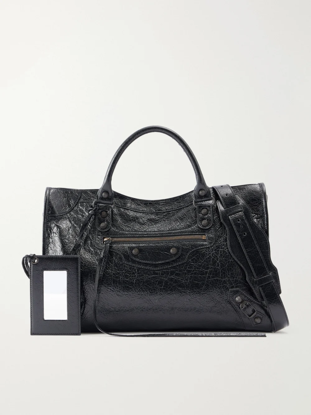 Balenciaga Le City Medium Embellished Crinkled-leather Shoulder Bag in black