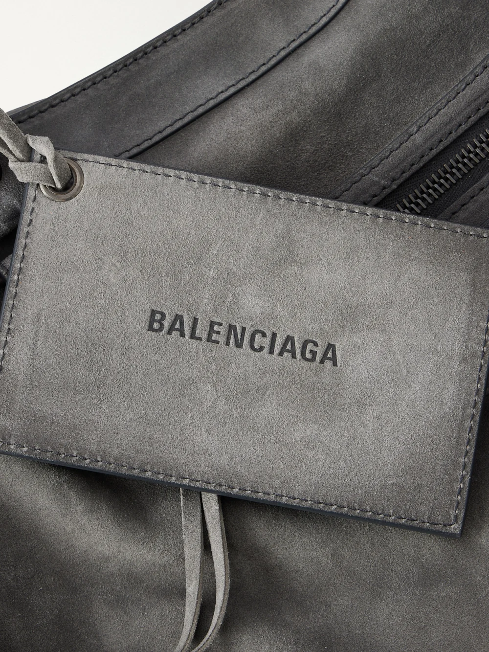Close-up detail of the Balenciaga Le City Medium Embellished Suede Shoulder Bag