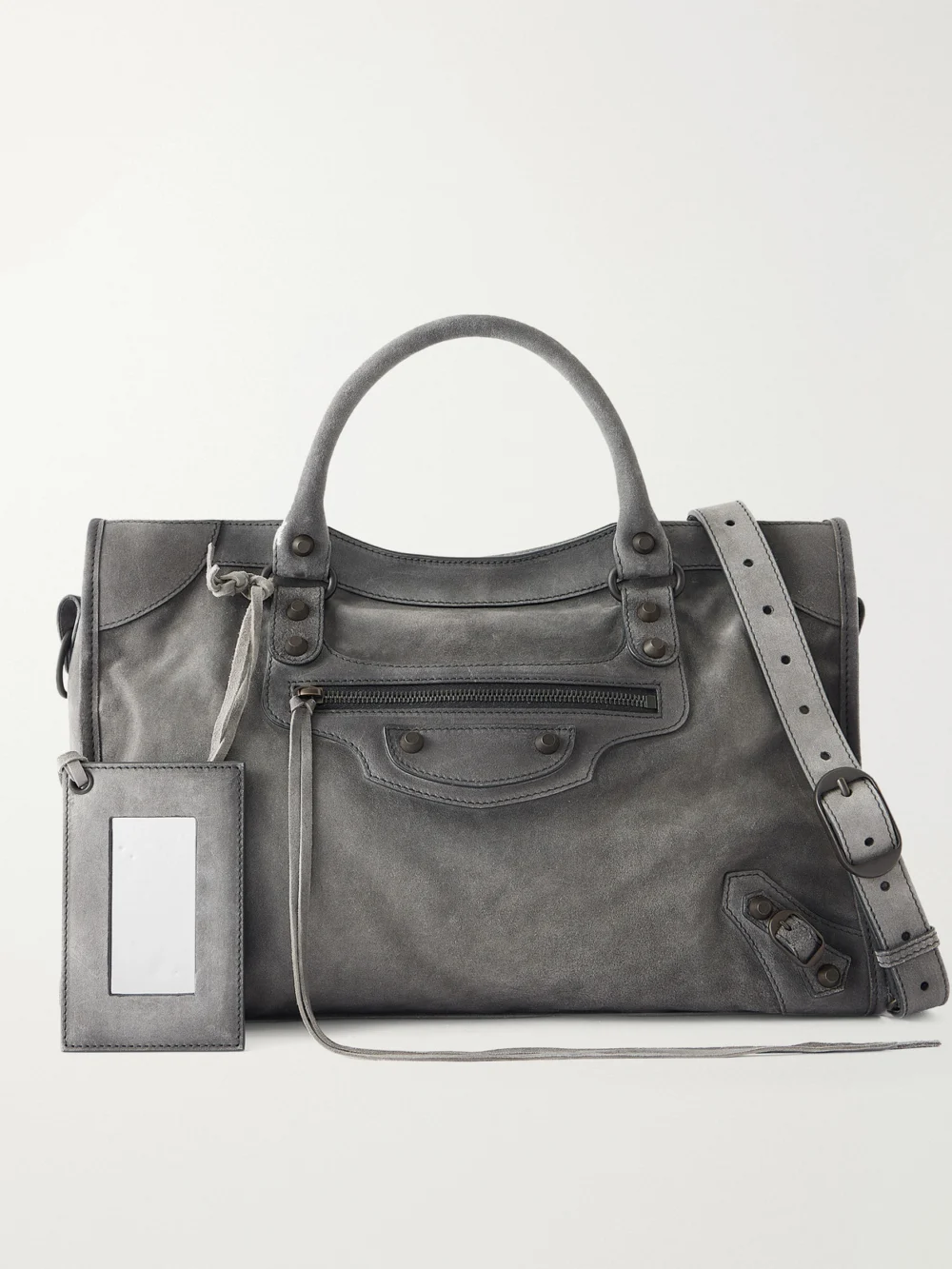 Balenciaga Le City Medium Embellished Suede Shoulder Bag in gray