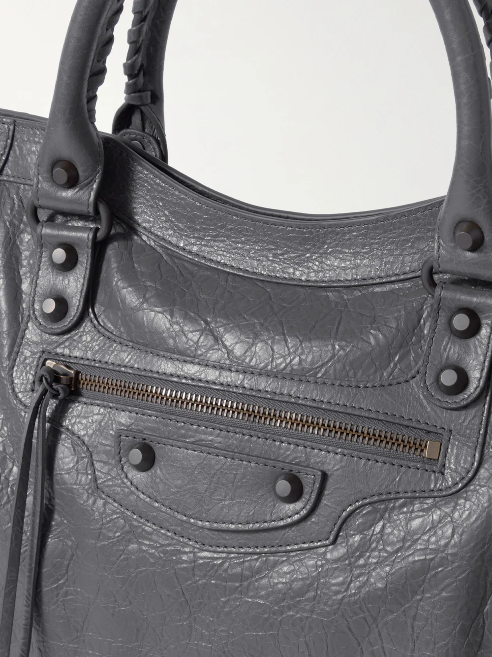 Close-up detail of the Balenciaga Le City Medium Embellished Textured-leather Tote Bag