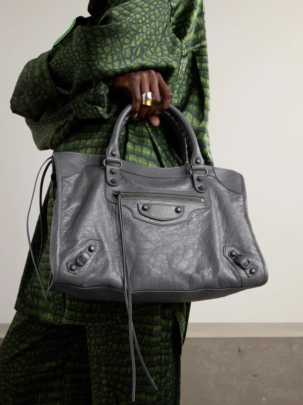 Balenciaga Le City Medium Embellished Textured-leather Tote Bag, styled view