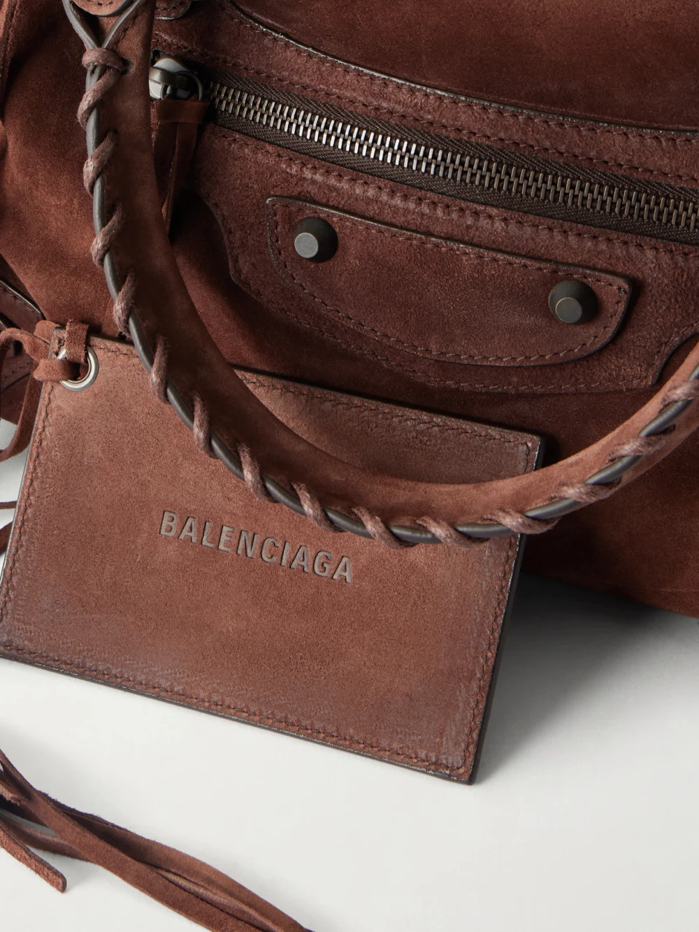 Close-up detail of the Balenciaga Le City Medium Suede Shoulder Bag