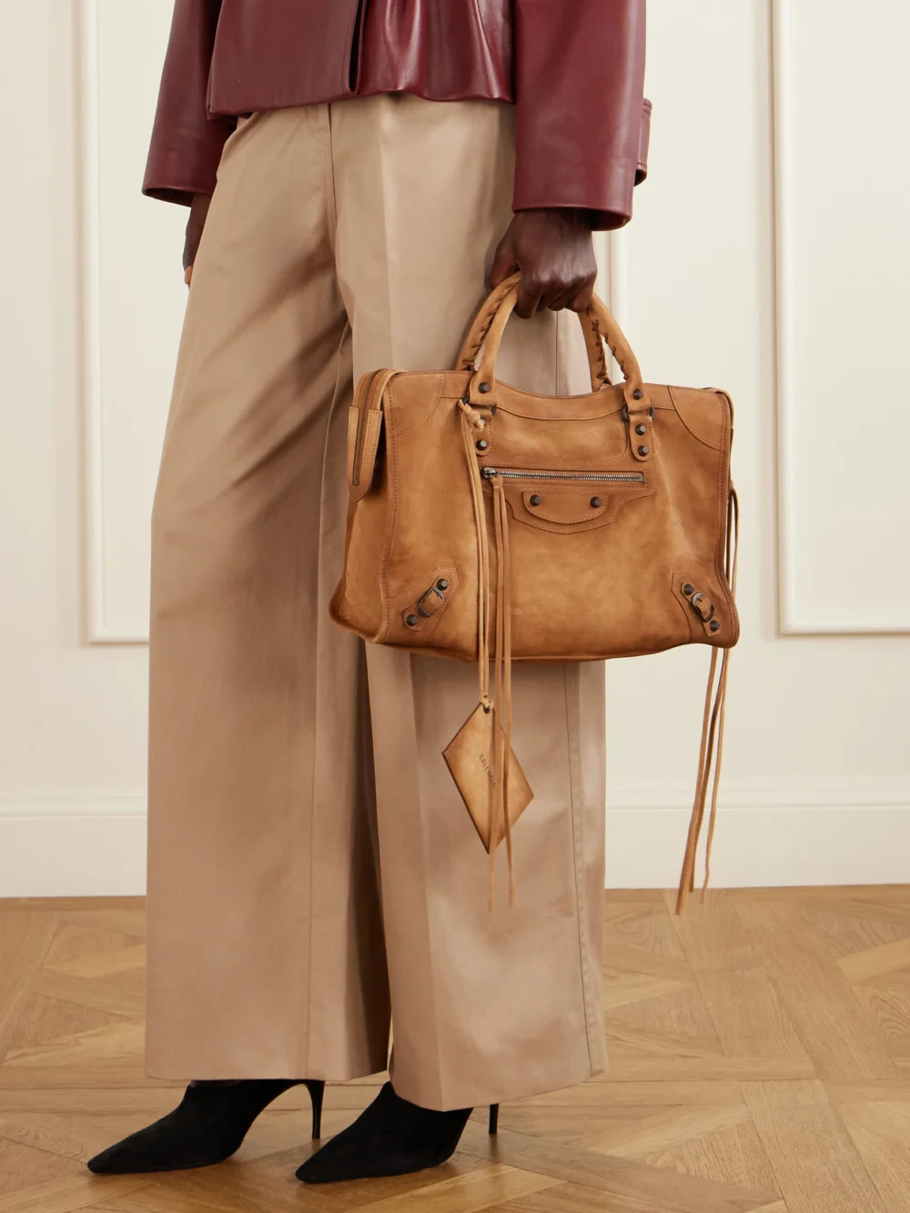 Balenciaga Le City Medium Suede Shoulder Bag, styled view