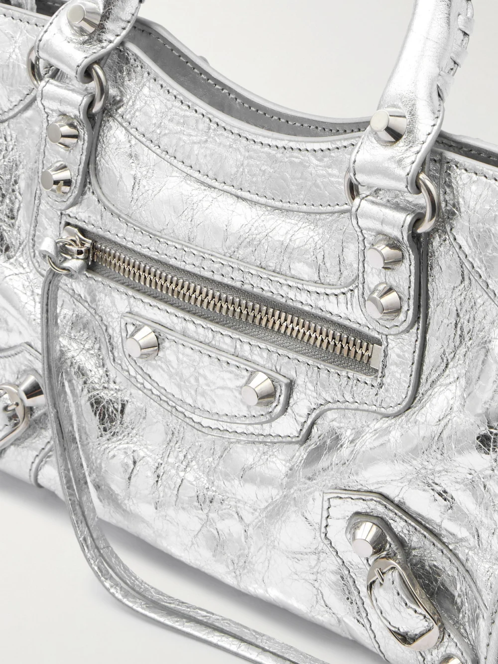 Close-up detail of the Balenciaga Le City Mini Metallic Leather Shoulder Bag