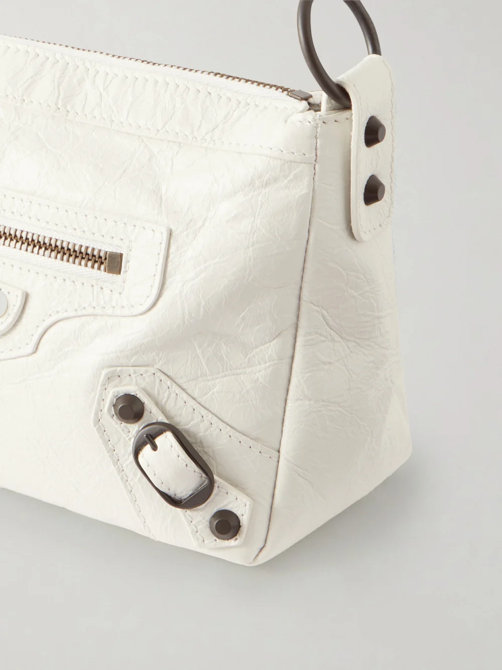 Close-up detail of the Balenciaga Le City Moto Mini Crinkled-leather Shoulder Bag