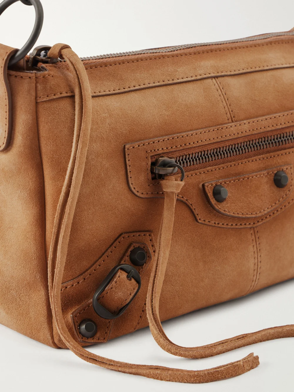 Close-up detail of the Balenciaga Le City Moto Mini Suede Shoulder Bag
