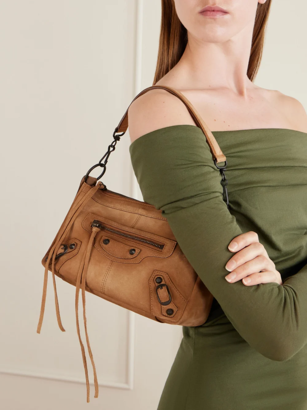 Balenciaga Le City Moto Mini Suede Shoulder Bag, styled view