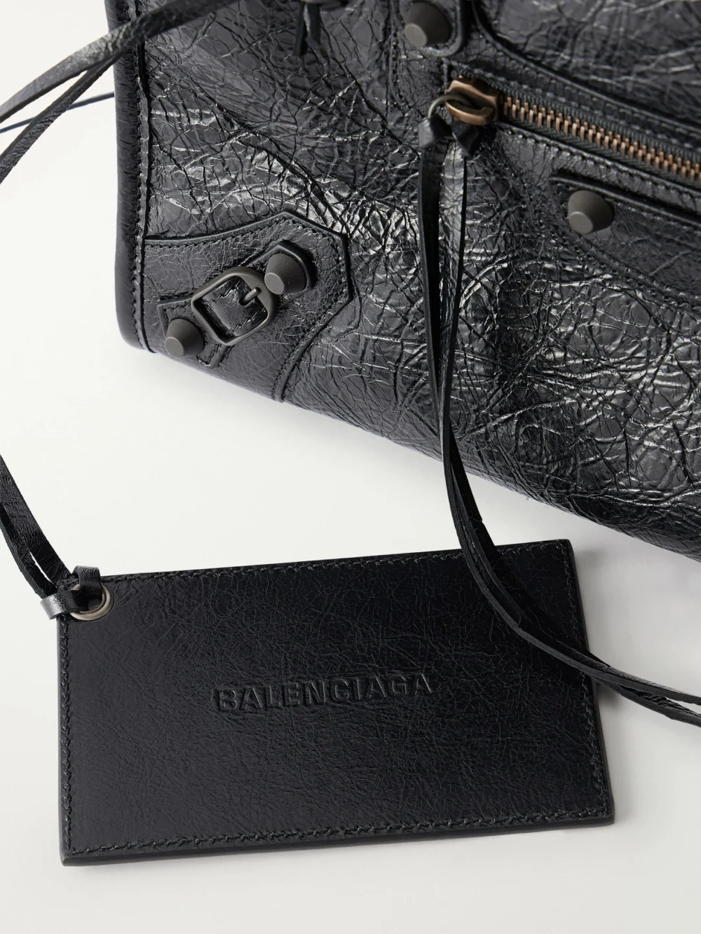 Close-up detail of the Balenciaga Le City Small Embellished Crinkled-leather Shoulder Bag