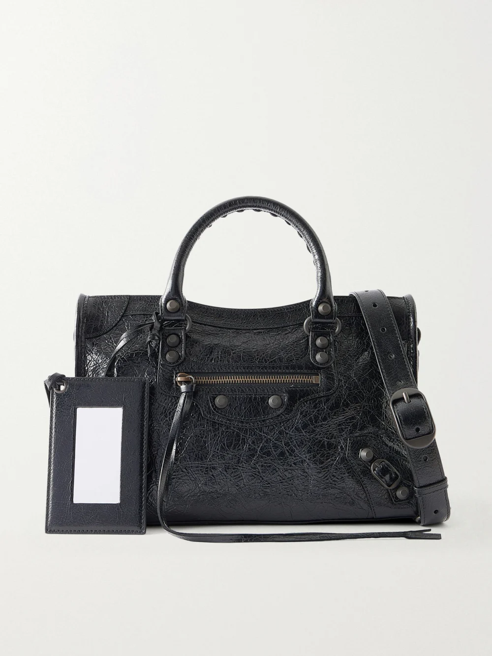 Balenciaga Le City Small Embellished Crinkled-leather Shoulder Bag in black