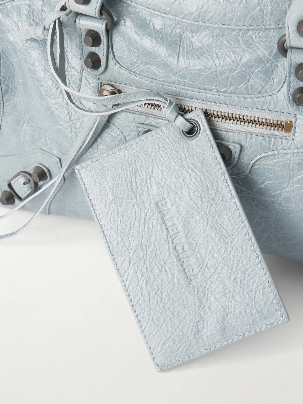 Close-up detail of the Balenciaga Le City Small Embellished Crinkled-leather Tote