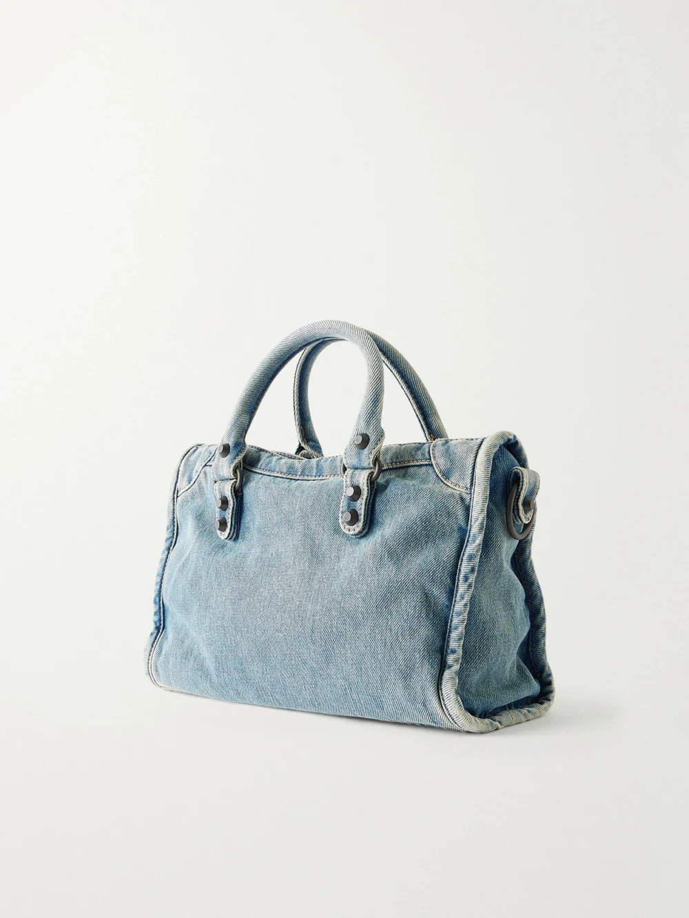 Back view of the Balenciaga Le City Small Embellished Denim Shoulder Bag