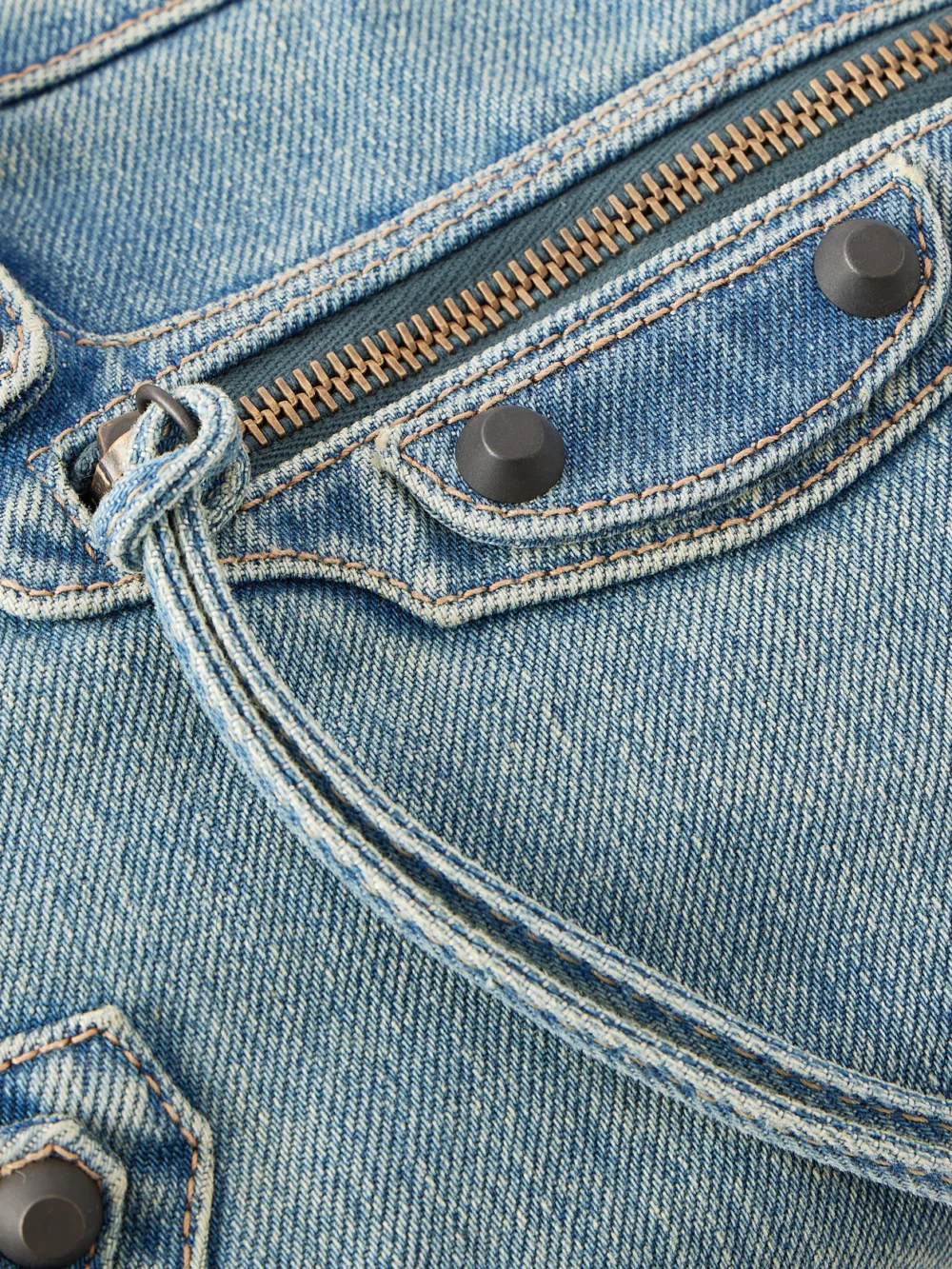 Close-up detail of the Balenciaga Le City Small Embellished Denim Shoulder Bag