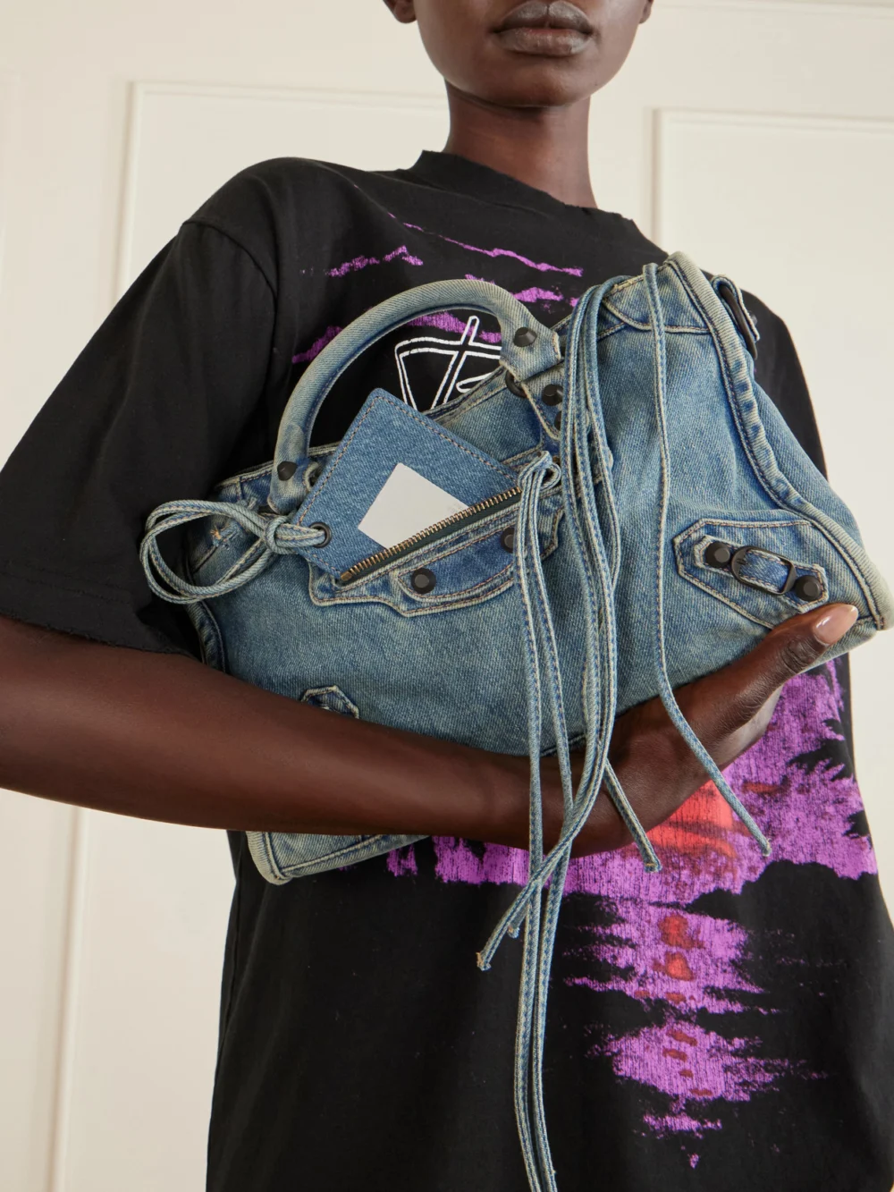 Balenciaga Le City Small Embellished Denim Shoulder Bag, styled view
