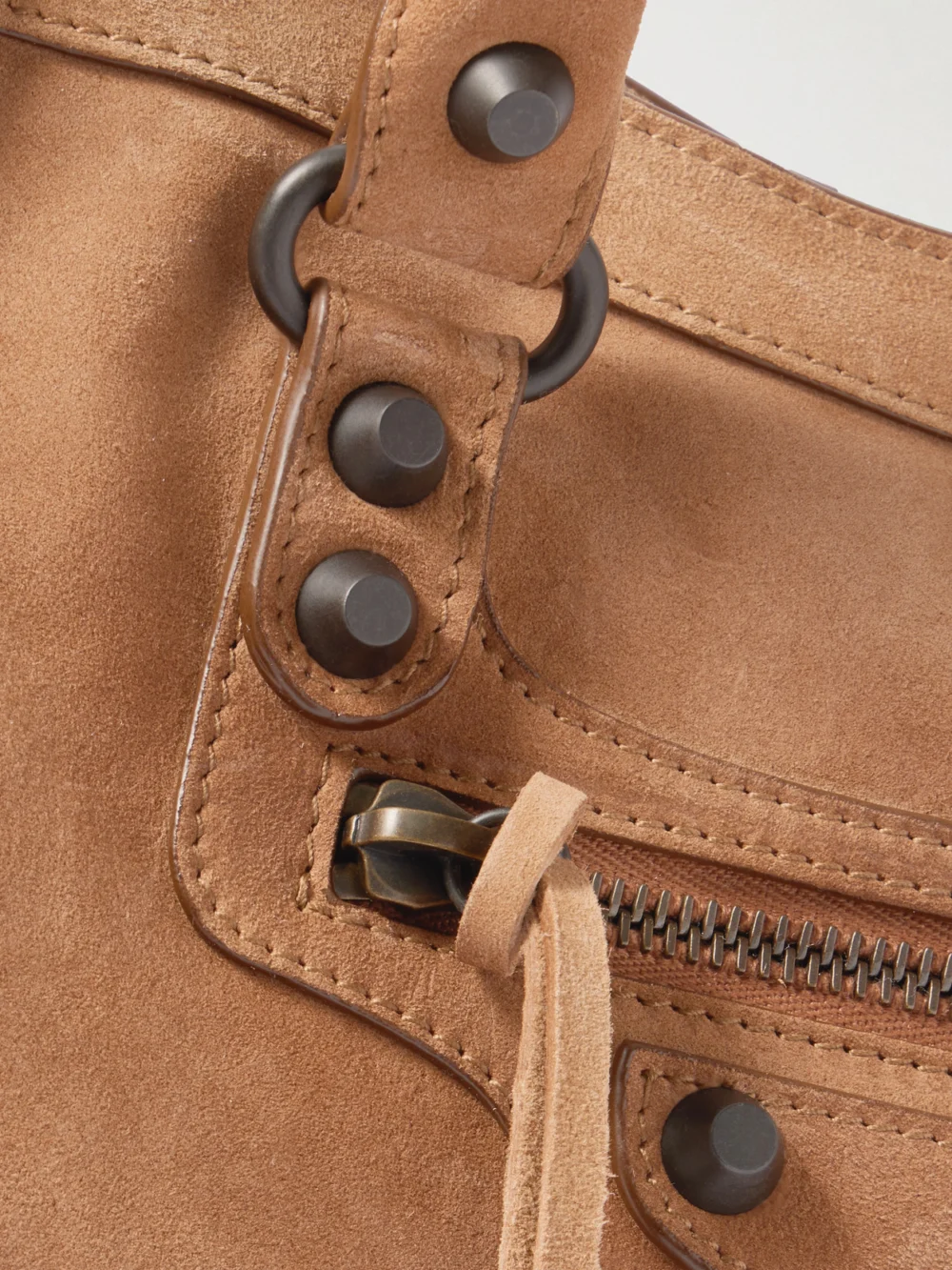 Close-up detail of the Balenciaga Le City Small Embellished Suede Tote