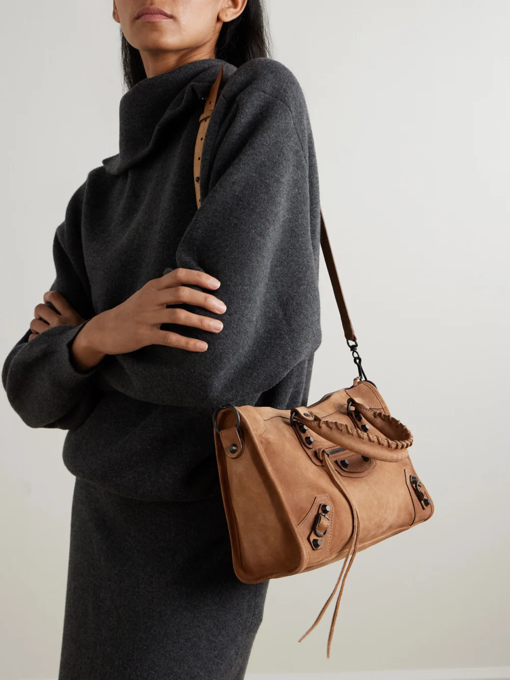 Balenciaga Le City Small Embellished Suede Tote, styled view