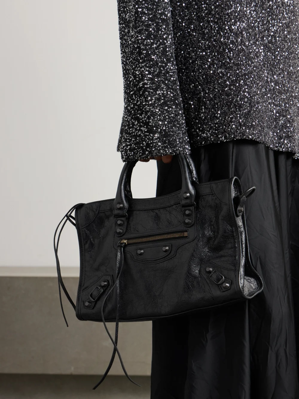 Balenciaga Le City Small Embellished Textured-leather Tote, styled view