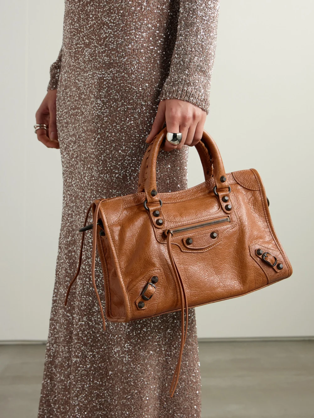 Balenciaga Le City Small Embellished Textured-leather Tote, styled view